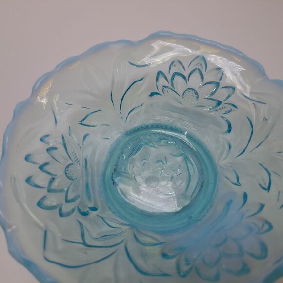 Fenton Opalescent Blue Glass Bowl Water Lily Cattails Ruffled Vintage 5 1/4" - Picture 4 of 13